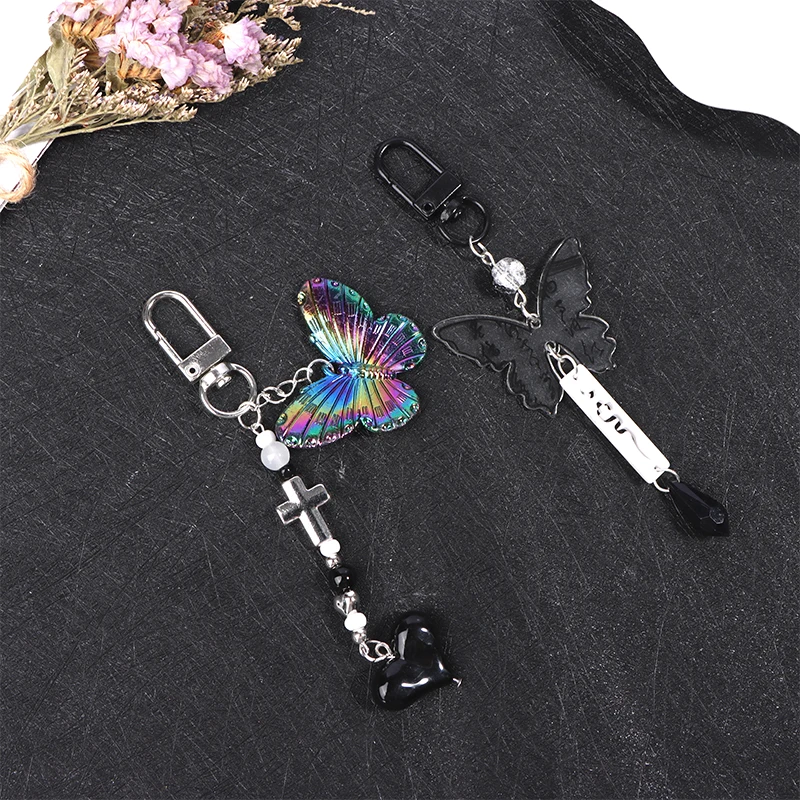 Gothic Black Butterfly Phone Chain Y2k Sweet Cool Beaded Earphone Case Lanyard Bag Decor Camera Strap