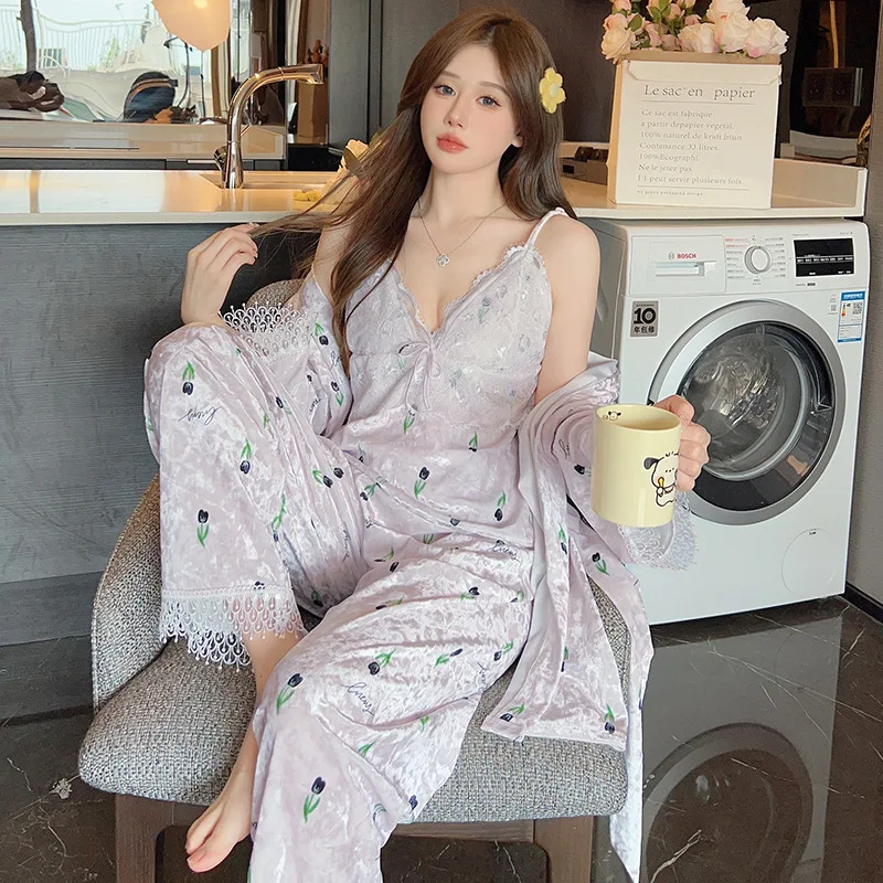 Female Sexy 3PCS Pajamas Suit Lace Patchwork Suspender Pants Robe Nightwear Autumn Winter Velvet Homewear Sleepwear Lounge Wear