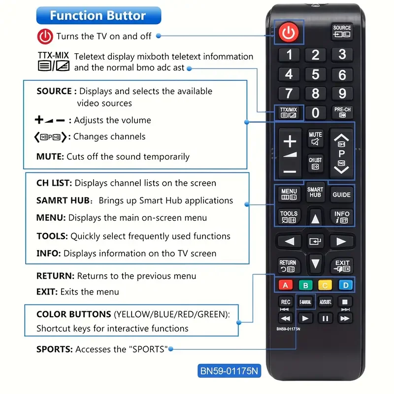 Controle remoto de tv para samsung, controle remoto de tv BN59-01175N compatível com modelo de tv samsung tv lcd ue40h6470ssxzg