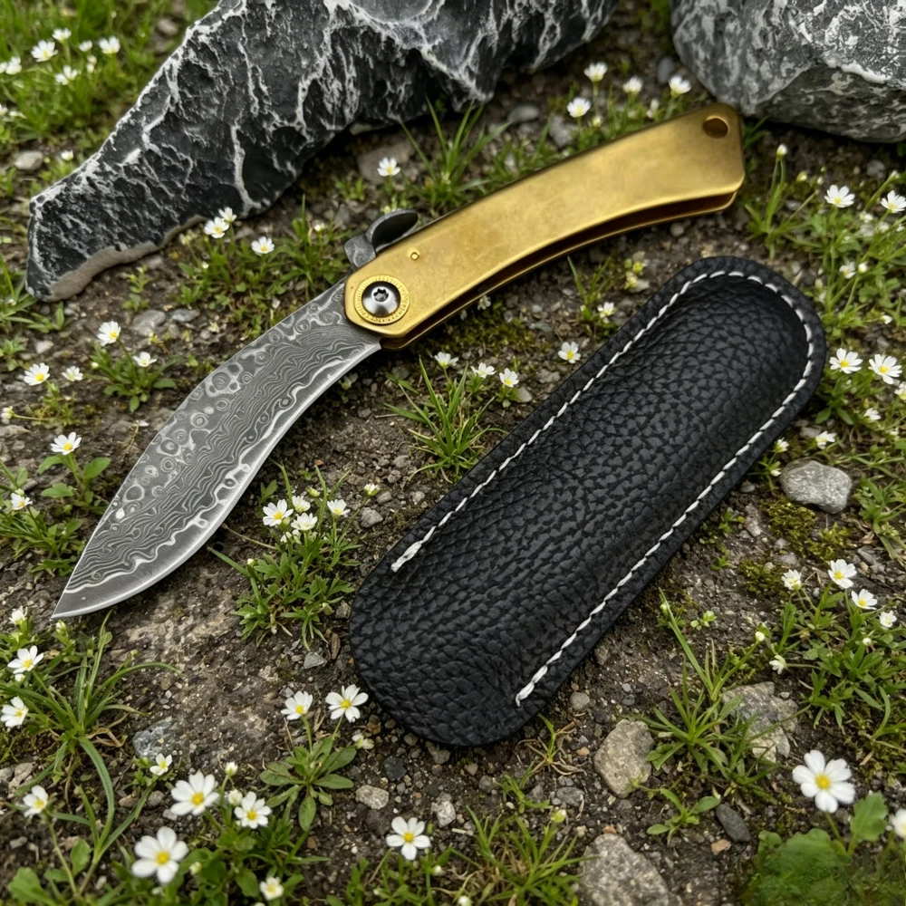 Image of Stahlgriff Damaskus Mini-Fischmesser Higonokami Outdoor EDC Wander-Klappmesser mit Lederscheide Camping Langlebige Werkzeuge