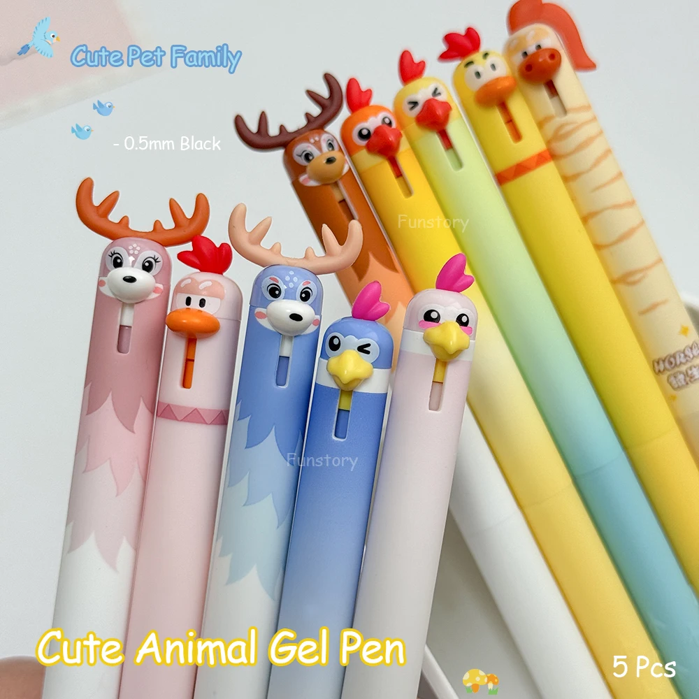 5Pcs Cute Animal Gel Pens 0.5mm Fun Pet Quick-Dry Pens Penguin Horse Deer Chicken Parrot Style For Study & Office Use