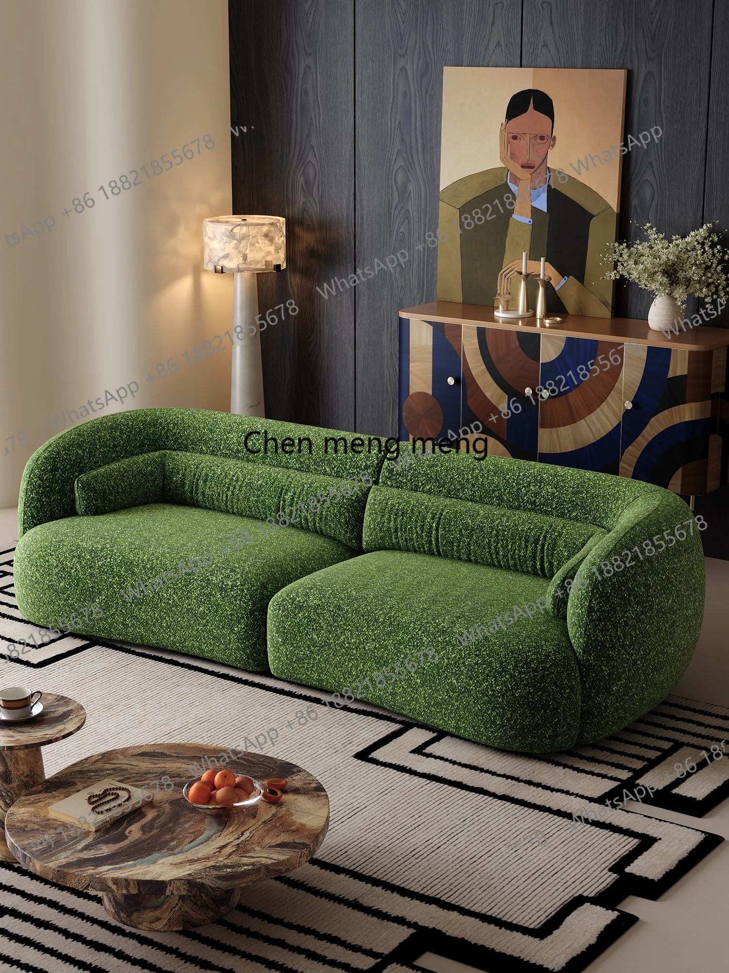 

Retro avocado dark green sofa living room small apartment curved medieval removable and washable fabric sofa