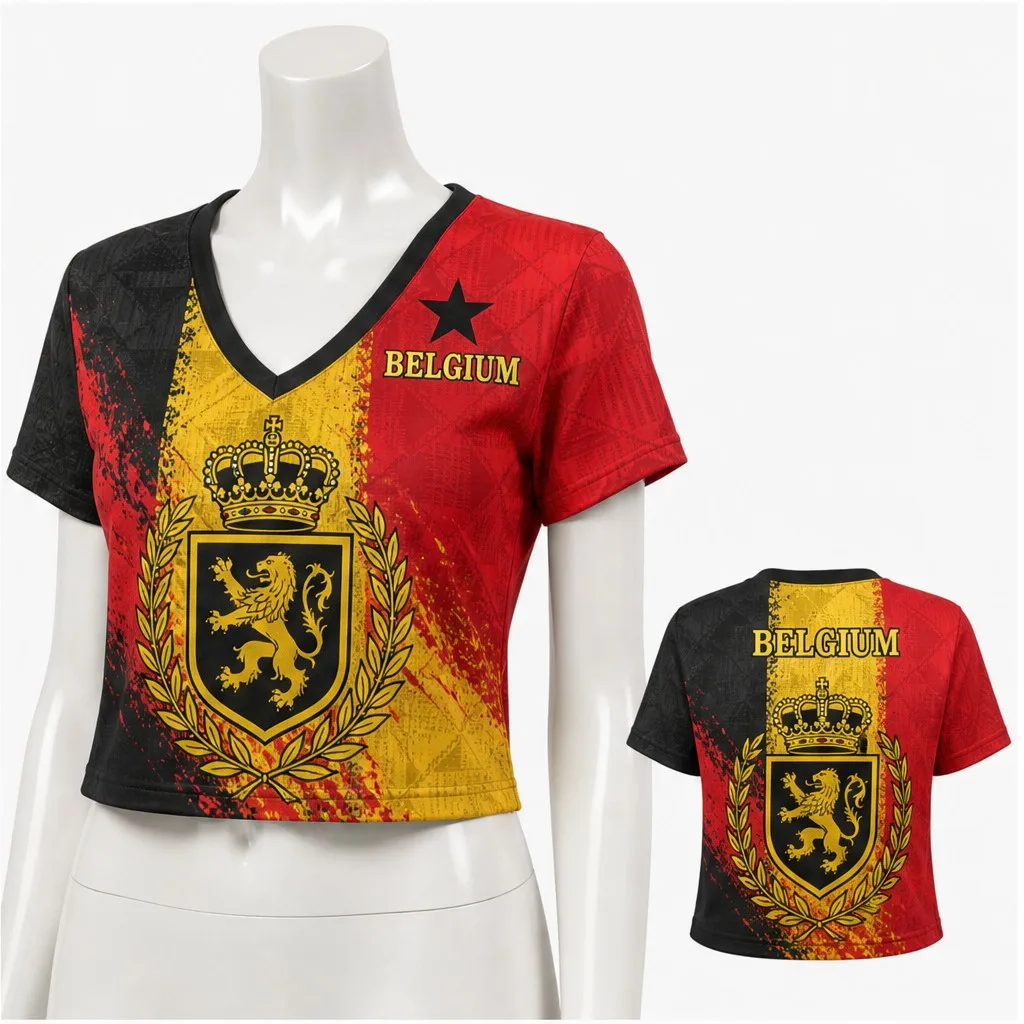 Womens V Neck Cropped Tee Belgium Shield Crown Graphic Short Sleeve Summer Casual Top With Artistic Back Print Daily Style Trend