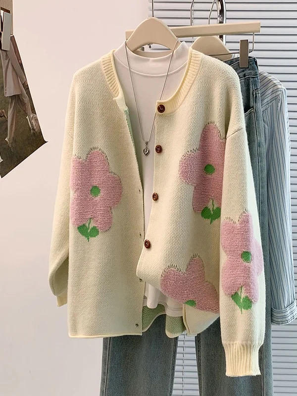 

Fre Gentle Towel Embroidery Open Cardigan Knitted Sweater Jaet Long Sve Regular Length Single Button Other Material Ou...