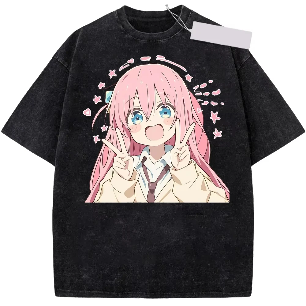 Vintage Washed Neutral Loose Casual Streetwear T-Shirt For Men & Women With Anime Bocchi The Rock Gotoh Hitori Print T-shirt