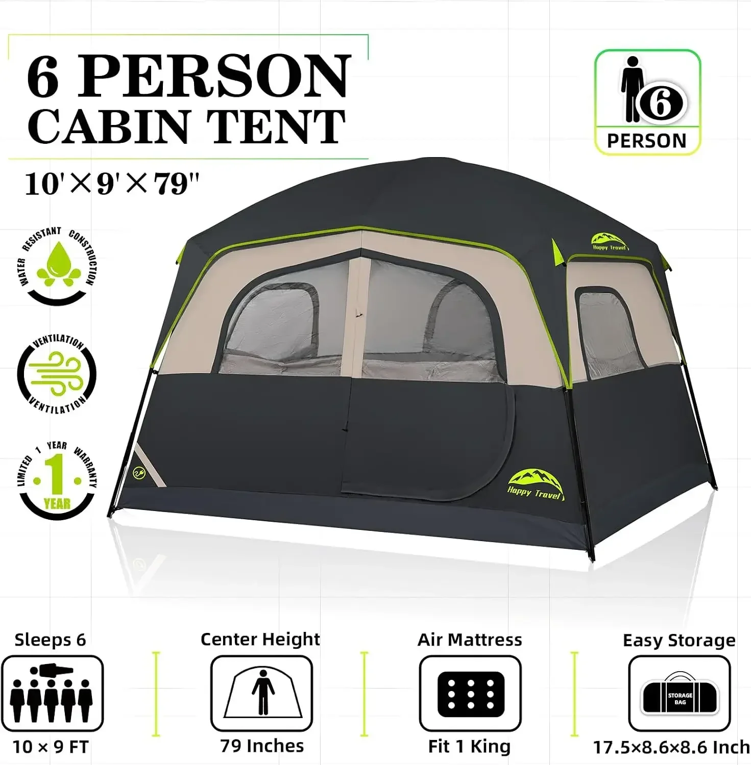 US Shipping 6 Person Tents for Camping, Waterproof Cabin Tent with Rainfly | Easy Setup Camping Tent, Portable Large Family Tent
