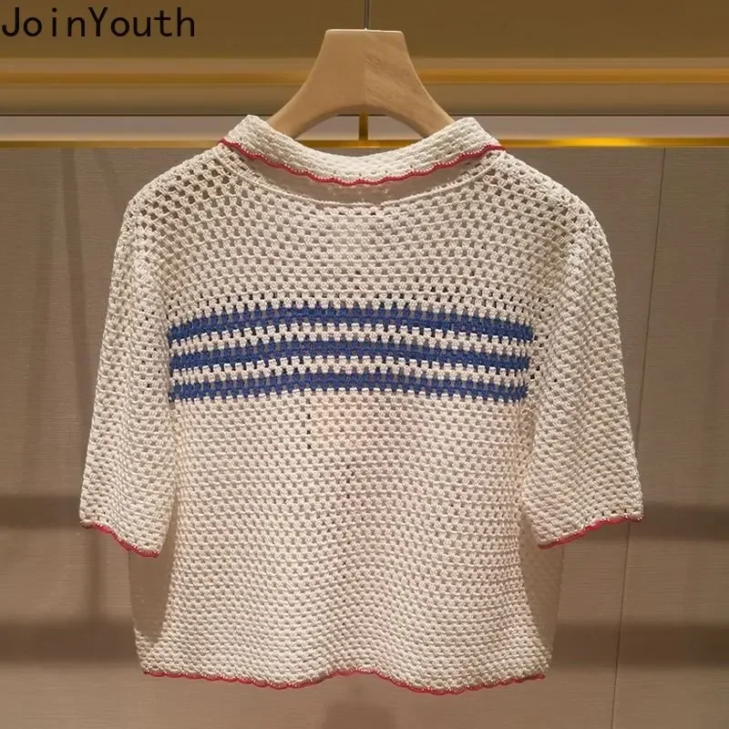 2023 Shirts for Women Knit Tshirts Fashion Summer Tees Ropa Mujer Chic Hollow Out Striped Short Sleeve Casual T Shirts Y2k Tops