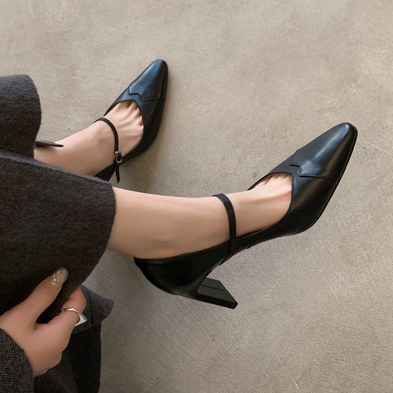 NEW Spring/Autumn Women Pumps Genuine Leather Shoes for Women Pointed Toe High Heel Shoes Shallow Buckle Strap Mary Janes Shoes