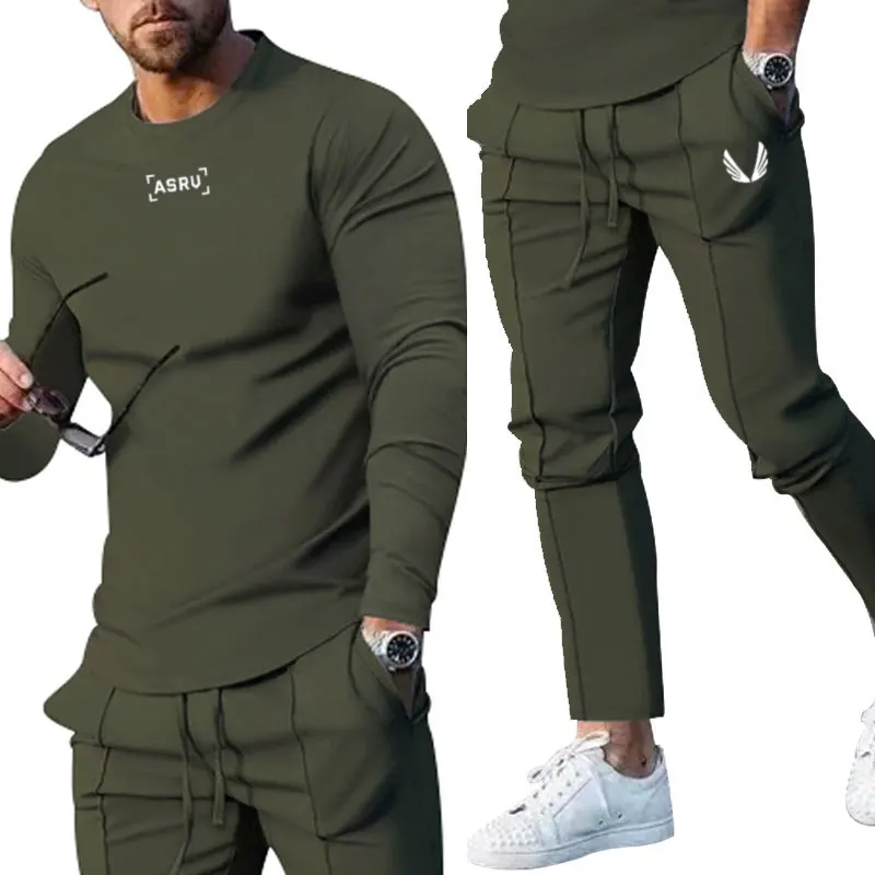 2024New Men\'s Clothing Gym Activewear American Fashion Brand Long Sleeve T-shirt And Pants Two Sets Of Fitness Training Clothing