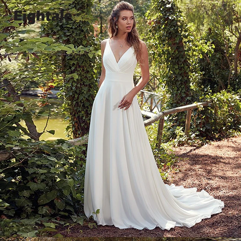 

Eightale Beach Wedding Dresses 2023 V-Neck A-Line Buttons Boho White Ivory Princess Bridal Gown vestido noiva cetim