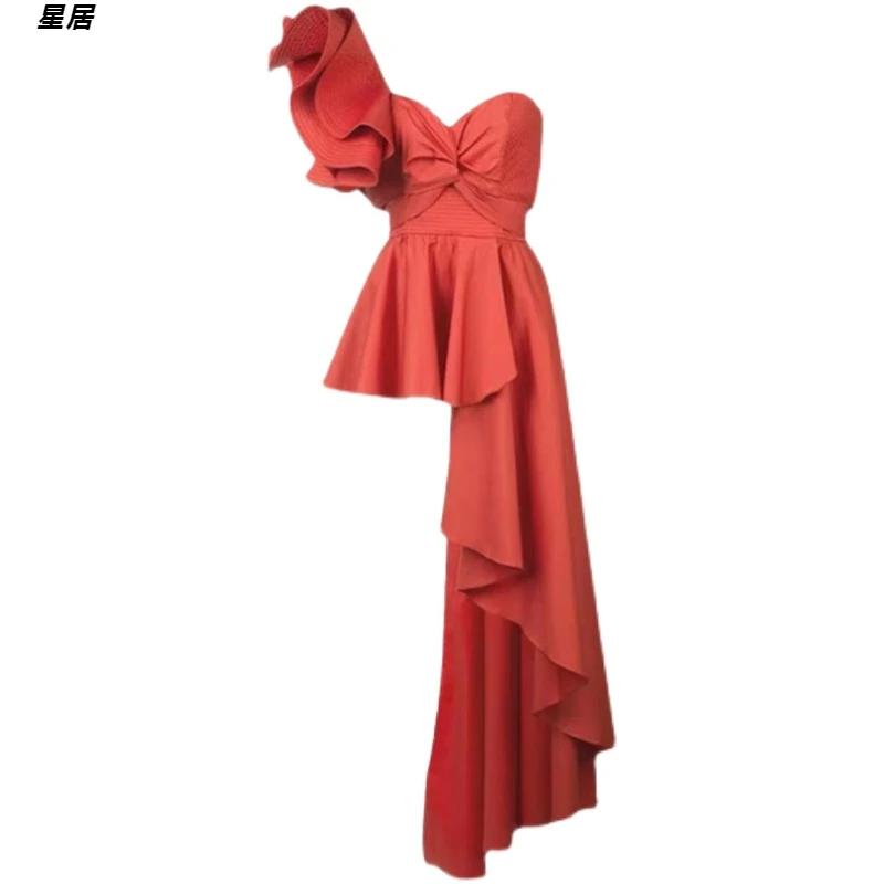 Xing Ju Kpop Women Group Stage Nightclub Red Off-Shoulder Irregular Dress Concert Outfits Rave Wear DJ Sexy Performance Costume - view 4