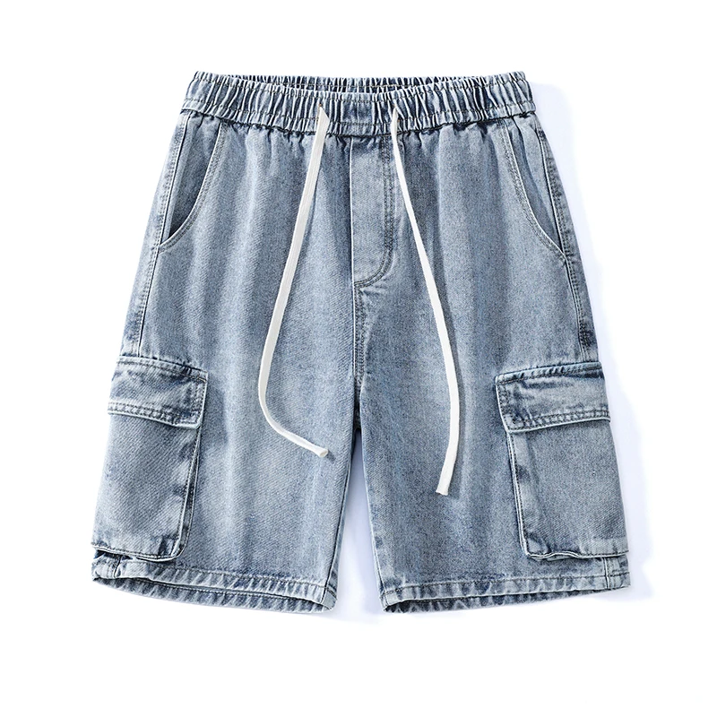 Summer Cargo Jeans Men Pockets Denim Shorts Elastic Waist Loose Straight High Street Wide Knee-length Short Pants