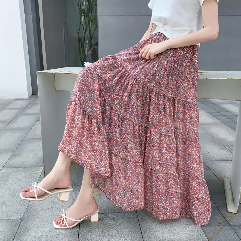 2024 Spring and Summer New Floral Half Skirt Women's Chiffon Casual A-line Skirt Hundred Pleated Mid Length Skirt E814