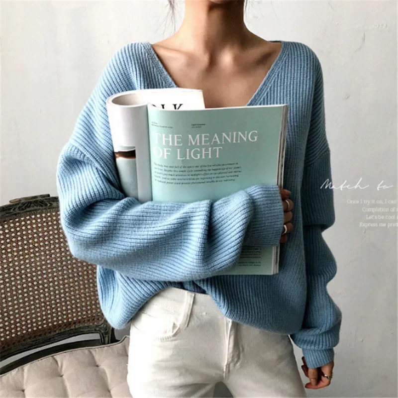 2024 Autumn Korean V-Neck Loose Solid Sweater Spring Women Warm Thick Pullover Office Lady All Match Knitwear Bottoming Sweater