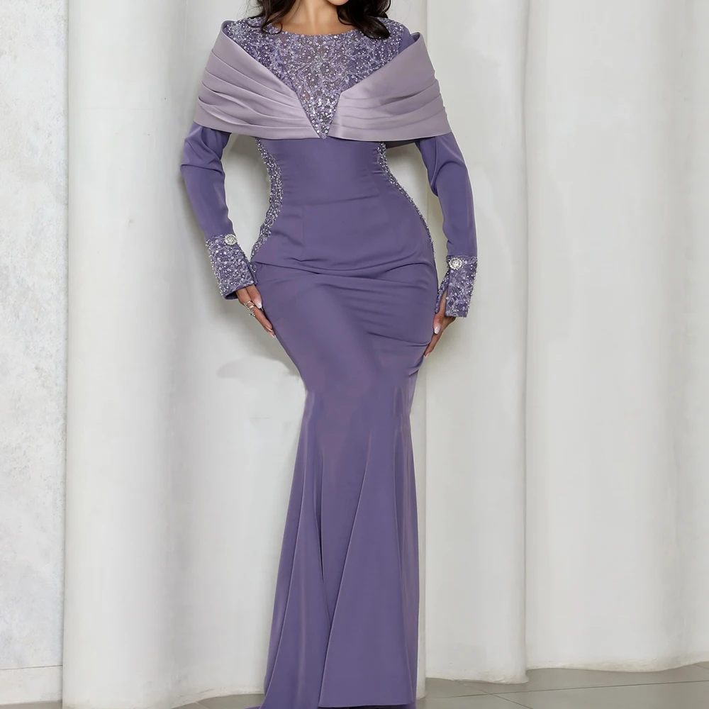 Customized A-line Evening Dresses Floor-length Scoop-neck Full Sleeve Prom Gown Fashion Sequined Beading Pleat Draped Party Gown