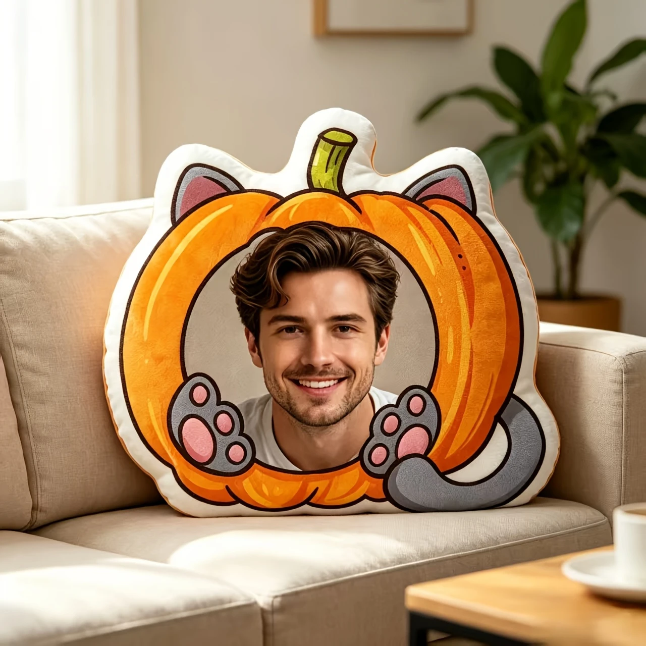 1pc-Customized Throw Pillow Custom Pumpkin-Cat Frame Photo Pillow, Personalized Portrait Unique Cushion, Soft Fabric for Home De