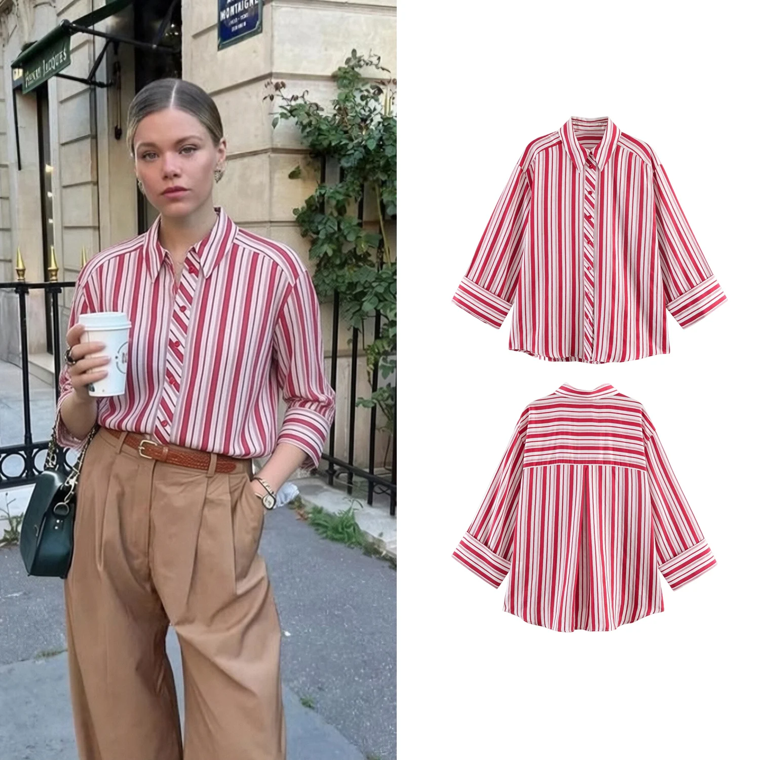 

Women Casual Loose Striped Shirts Spring New Female Turn-Down Collar Seven-Quarter Sleeve Blouse Tops Lady Holiday Shirts Street