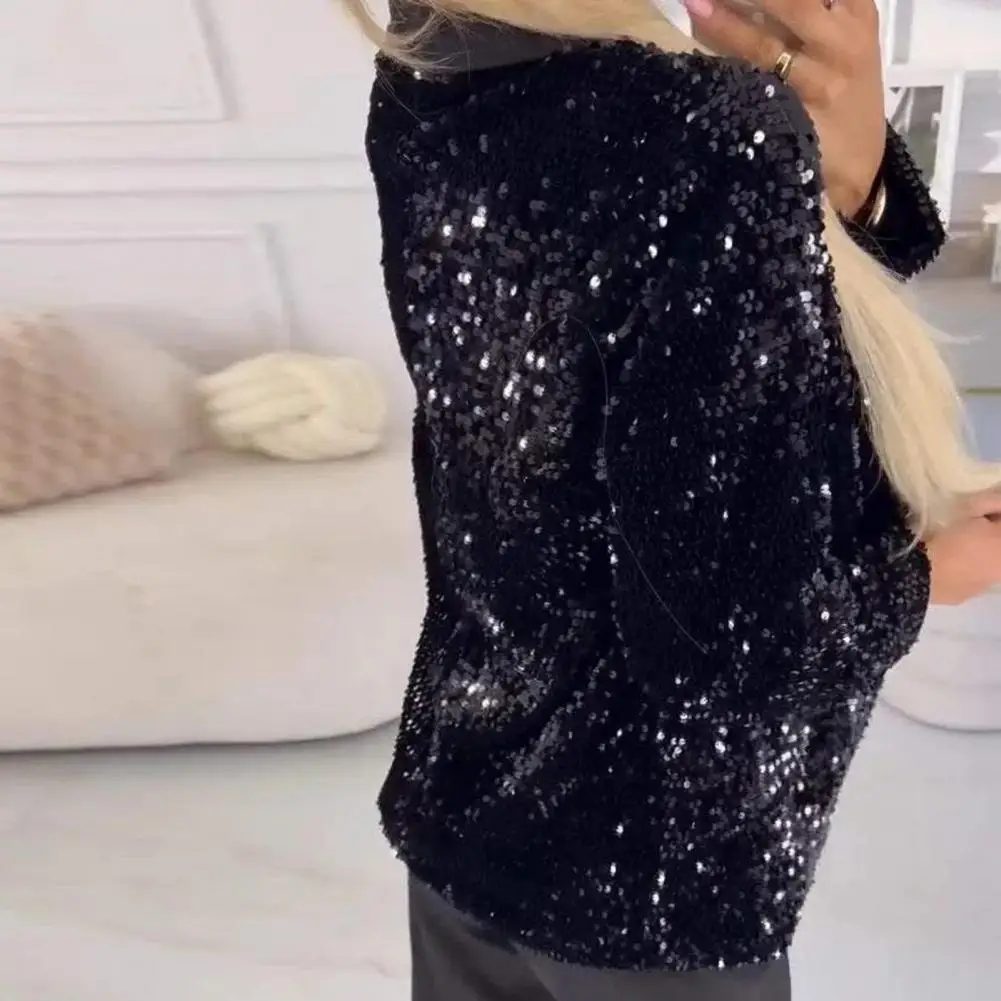 

Solid Sequin Shinny Shirts Jacket Womens Casual Loose Chic Cardigan Blazer Stage Women's Fashion Trendy Party Nightclub Costume