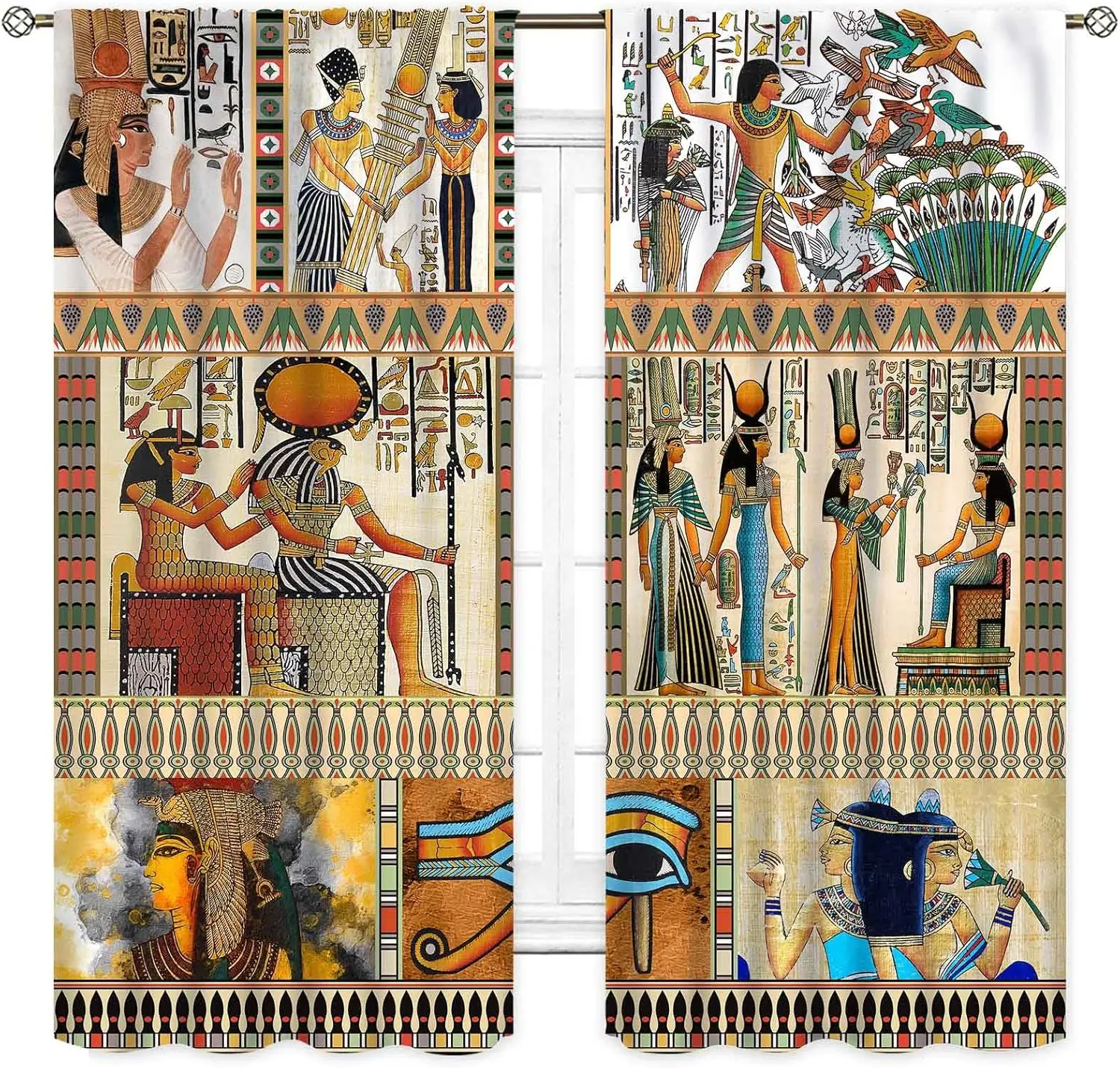Egyptian Curtains, Vintage Ancient Egypt Hieroglyphics Pharaoh Eye of Horus Retro Aesthetic Art Decor Window Drapery Treatments