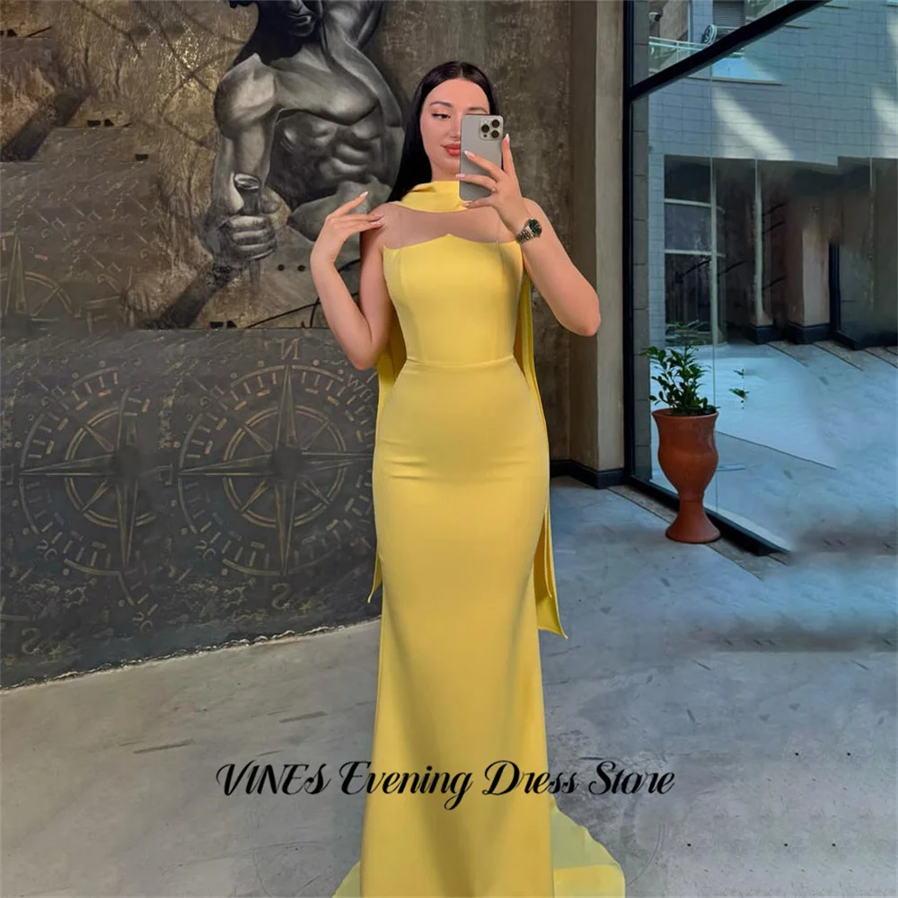 

VINES Yellow Prom Dress Sleeveless Mermaid Celebrity Dress Simple Satin Women's Evening Dress with Scarf Formal Gown Customized