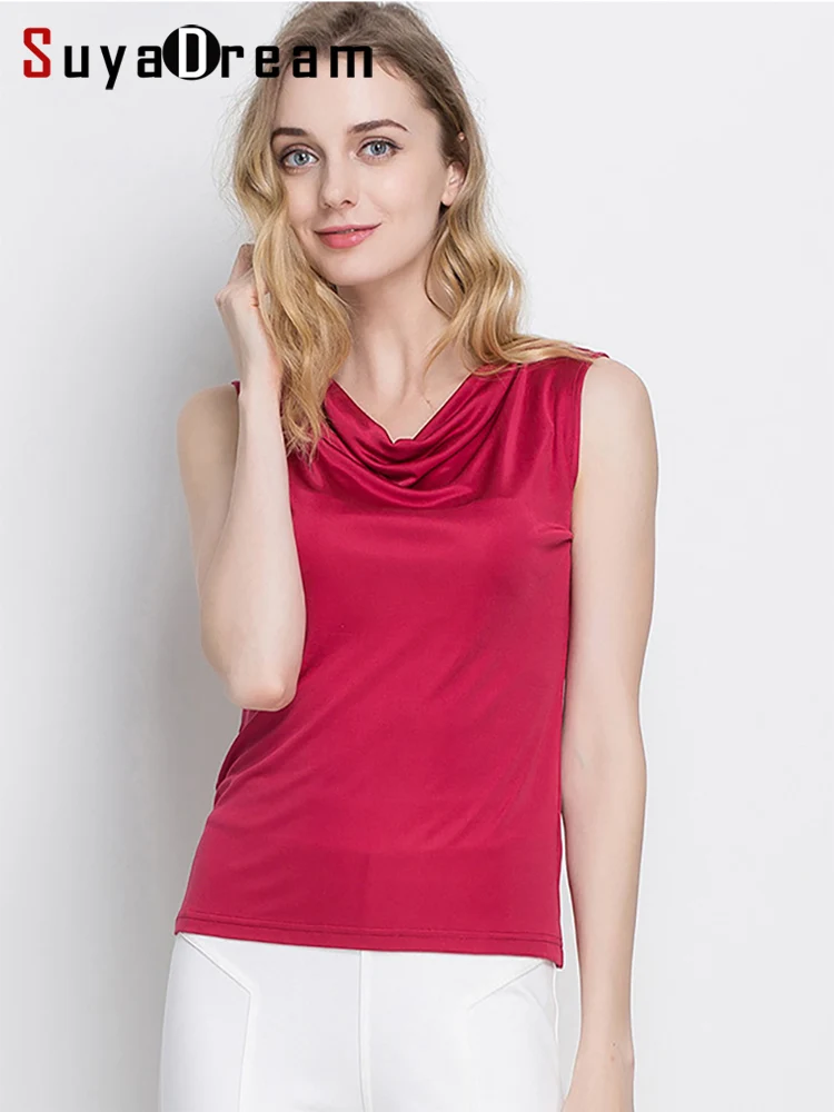 SuyaDream Natural Silk Women Jersey Tanks Draped Collar Solid Summer Vests 2025 Summer T Shirt White Black Pink