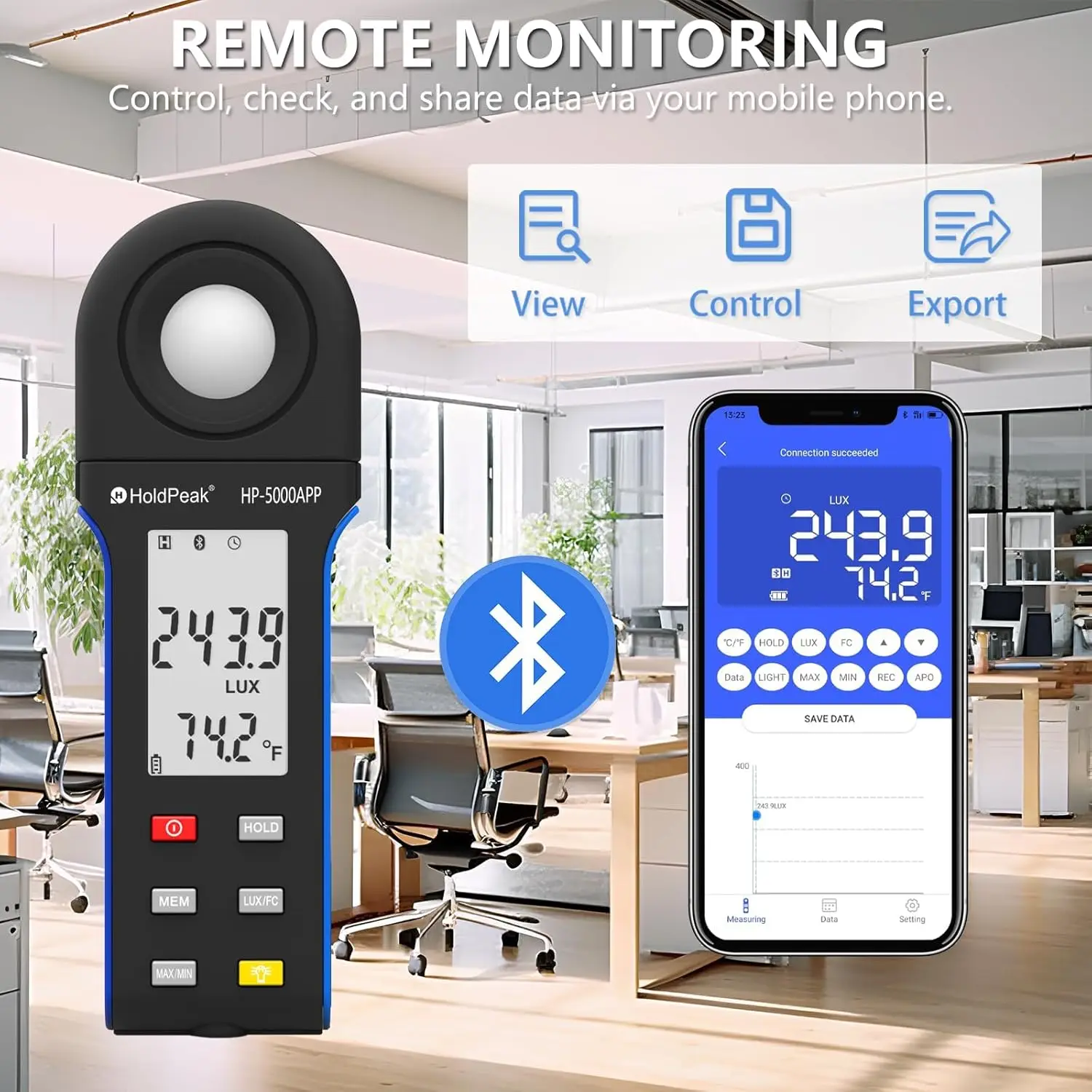 

Ручной цифровой светомер с температурой, измеритель освещенности, Bluetooth,1-400000 Люкс, поворот на 270 °, ЖК-экран