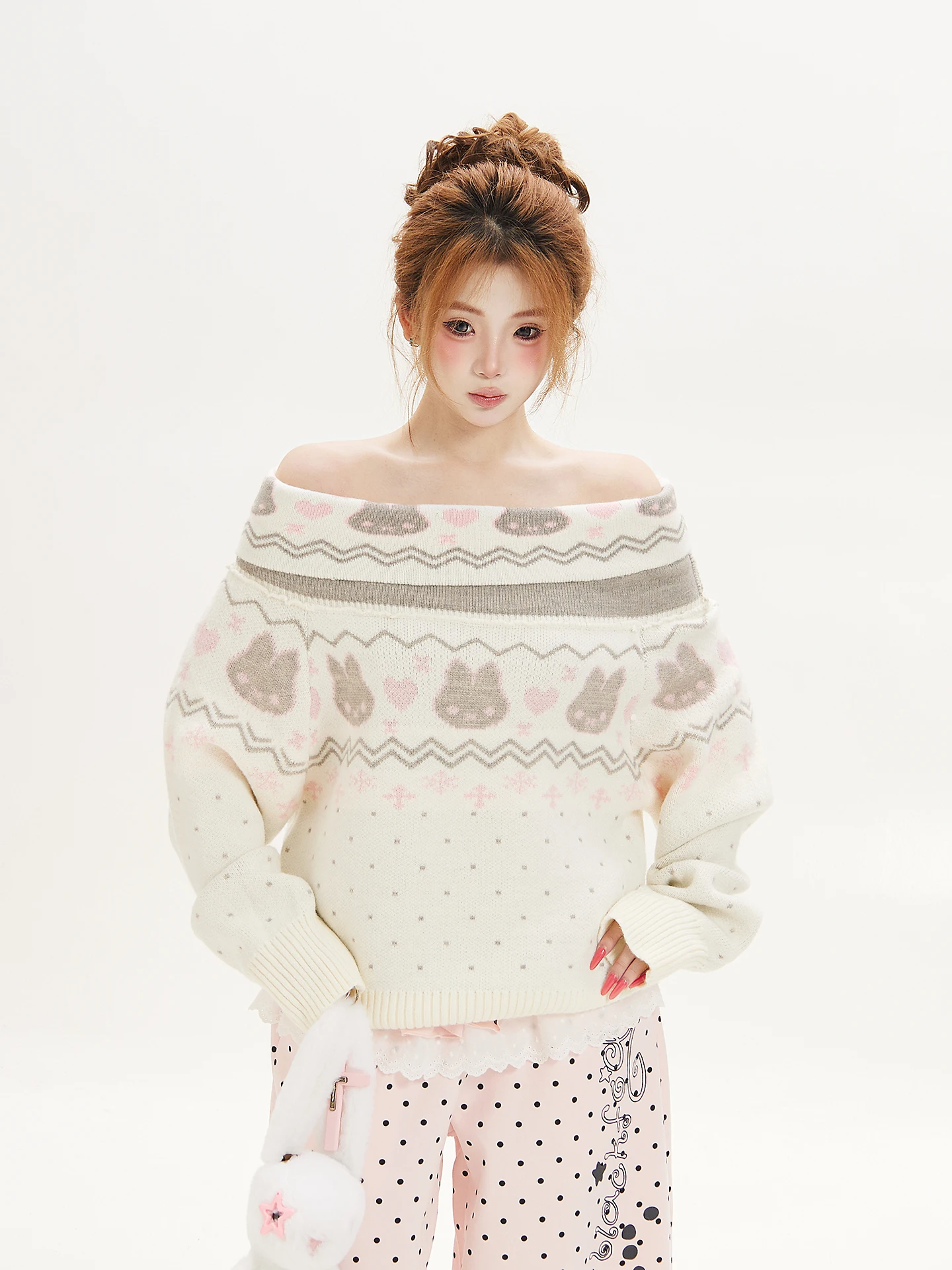 Cute Rabbit Knitted Sweater Women's Soft Sweet Heart Long Sleeve Shoulder Bared Casual Daily Wear Spring Autumn Winter
