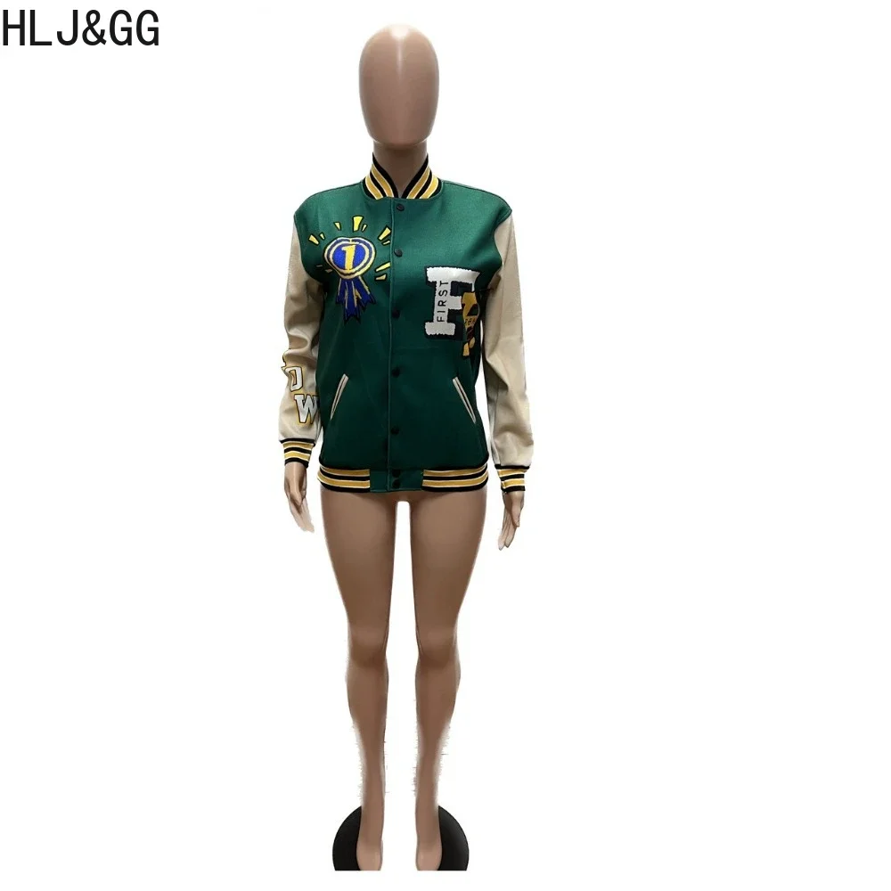 HLJ&GG Autumn Casual Letter Printing Baseball Jacket Women Button Long Sleeve Pocket Patchwork Coat Female Loose Streetwear 2023