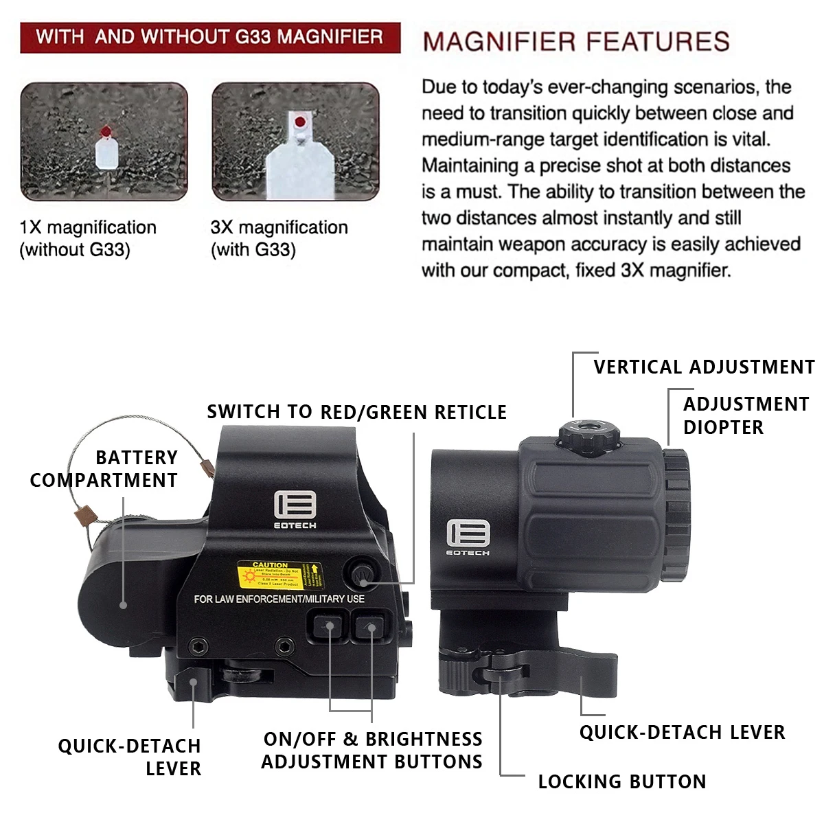 Hunting EOTECH 551 552 553 Red Dot Holographic Collimator with UNITY Mount G33 G43 G45 3X 5X Magnifier Scope Airsoft Riflescope view 4