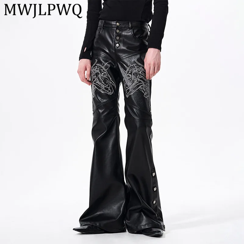 

MWJLPWQ Men's Button Decoration Leather Pants Embroidery Split Design High Street Slimming Flared Trousers Spring Autumn 14230