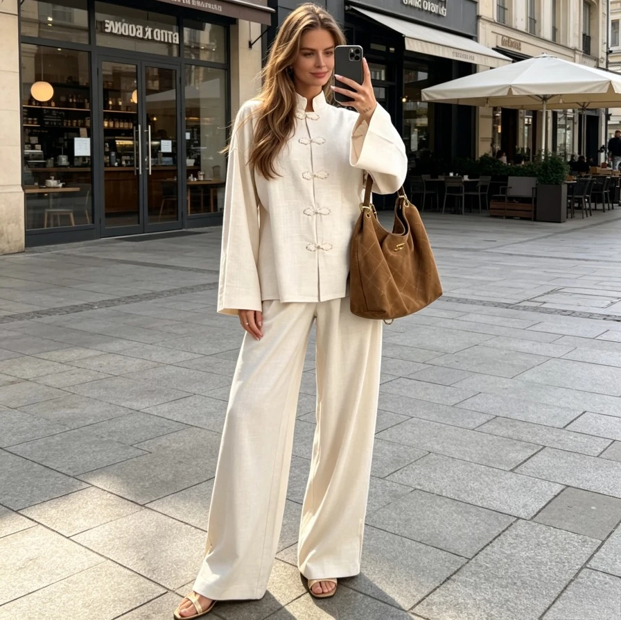 Women  2 Piece Set Shirt Wide Leg PantsSingle Breasted Top Trousers Outfits Eid Suit Muslim Morocco Dubai Islam Casual Ensemble