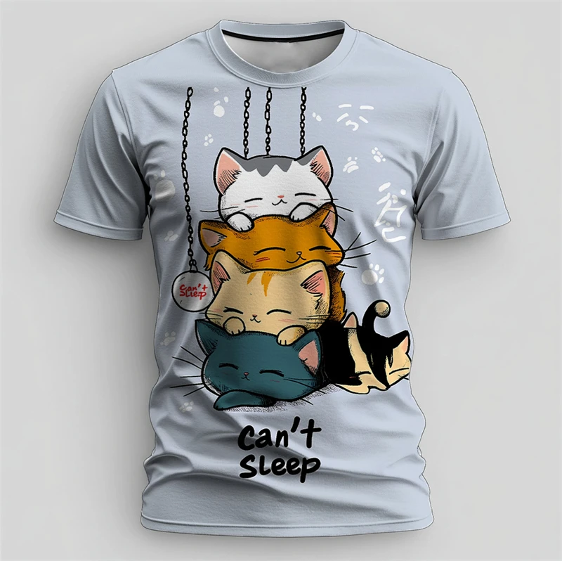 Cute Can't Sleep Cats Graphic T Shirts For Men Summer Fashion Funny Cat 3D Printed T-shirts Loose Breathable Harajuku Tees Tops