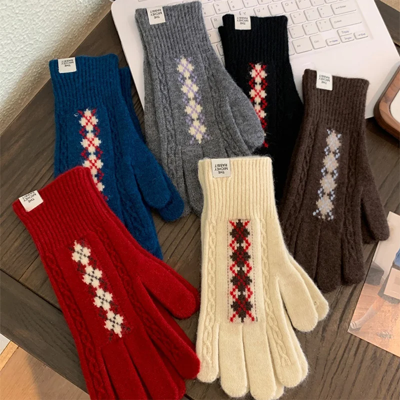 ถุงมือผู้หญิงลายดอกบิดเกลียว สำหรับฤดูหนาว ขี่จักรยาน ใช้หน้าจอสัมผัสได้ กันความหนาว ถักนิตติ้ง ป้องกันความเย็น ถุงมือยาว สไตล์เกาหลี