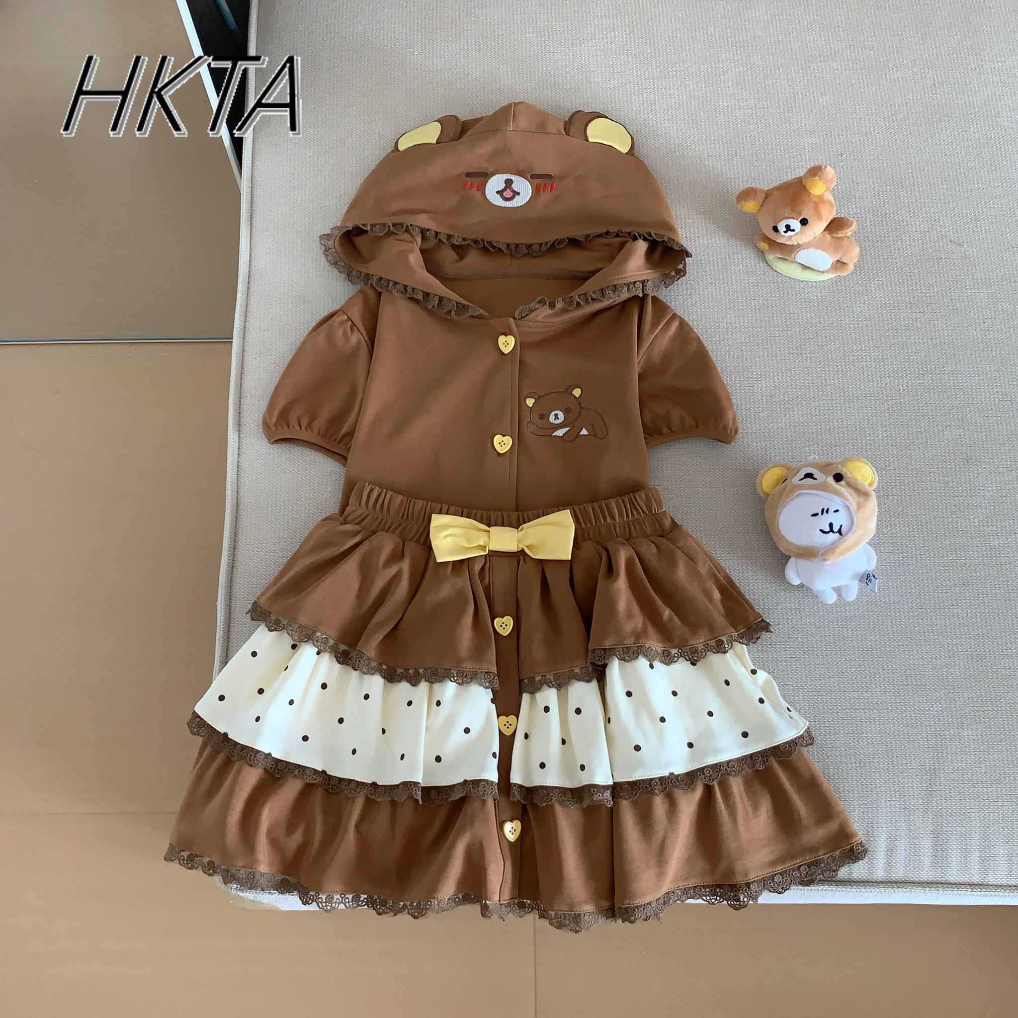 Style japonais mignon doux mignon brodé à pois dentelle à capuche été bulle à manches courtes mince marron manteau gâteau Mini jupes ensembles