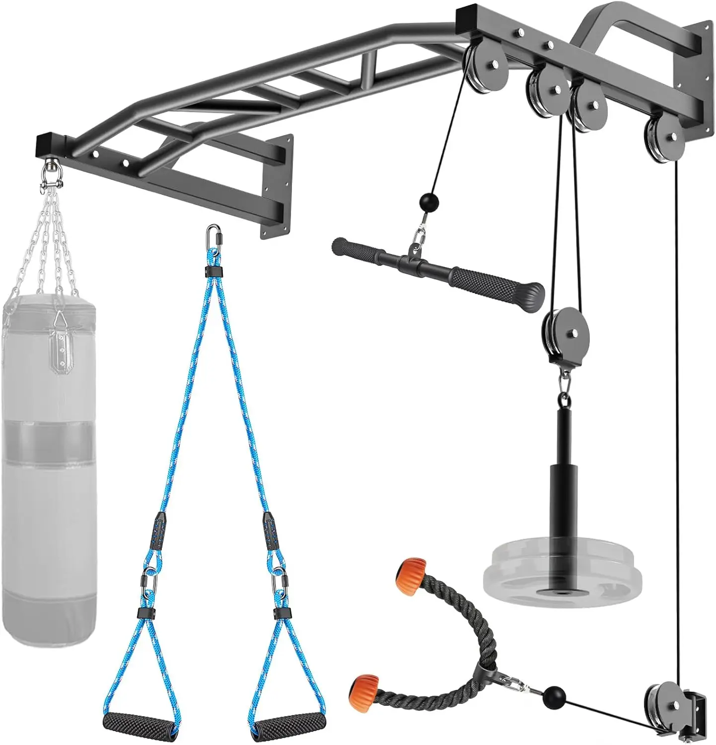 

48'' Heavy Duty Wall Mount Pull Up Bar with Cable Pulley System, LAT Pulldown Attachments & Heavy Bag Hanger for Home Gym