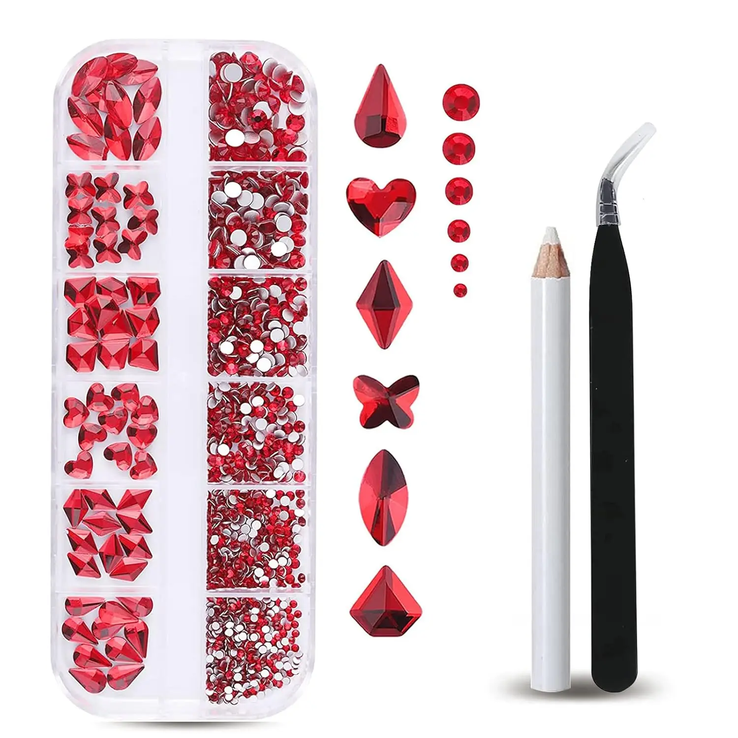 1200-1500Pcs Mixed Red/AB Nail Art Rhinestone SS6-SS40 1.5-4mm Shiny Nail Crystal With Wax Pen Heart/Butterfly Geometric Diamond