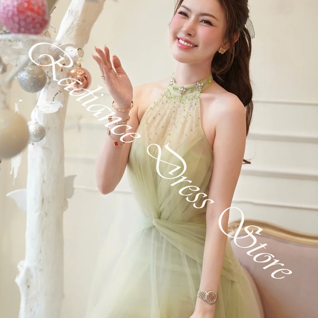 Customized Graceful Tulle Straight Crystal Evening Dresses Halter Sleeveless Sweep Train Homecoming Dress Simple Prom Dress