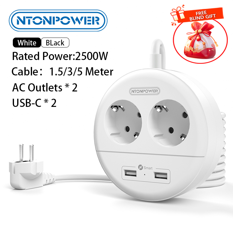 Regleta Enchufe 2 Tomas AC 2 USB-A Alargador Eléctrico 5m 2500W CE Enchufe Plano para Muebles Spain Power Strip European Plug