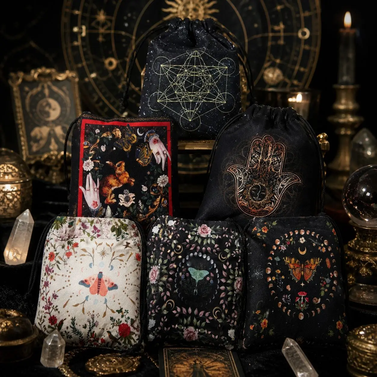 Tarot Card Pouch Drawstring Storage Bag Celestial Moon Star Pentacle Floral Print Tarot Bags Crystals Runes Oracle Card Storage