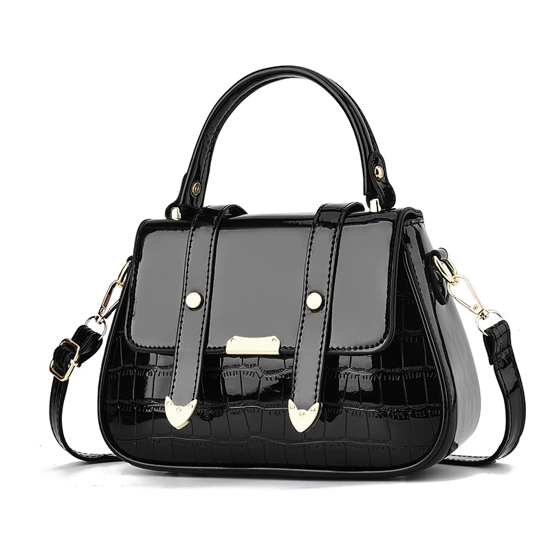Latest Ladies Satchel Shoulder Bag Vintage Luxury PU Patent Leather Messenger Purse Casual Silver Pocket Small Black Handbag