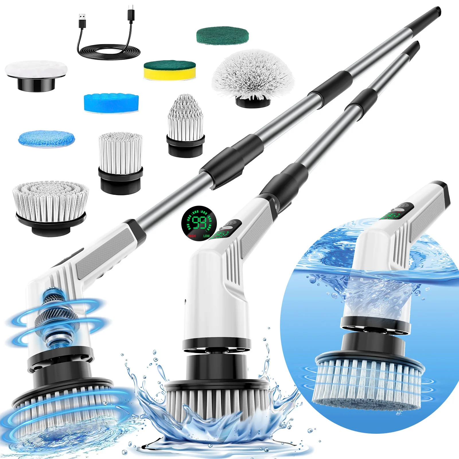 New Electric Cleaning Brush Household Long Handle Kitchen Bathroom Power Brush Wireless Adjustable Automatic Rotating Washing