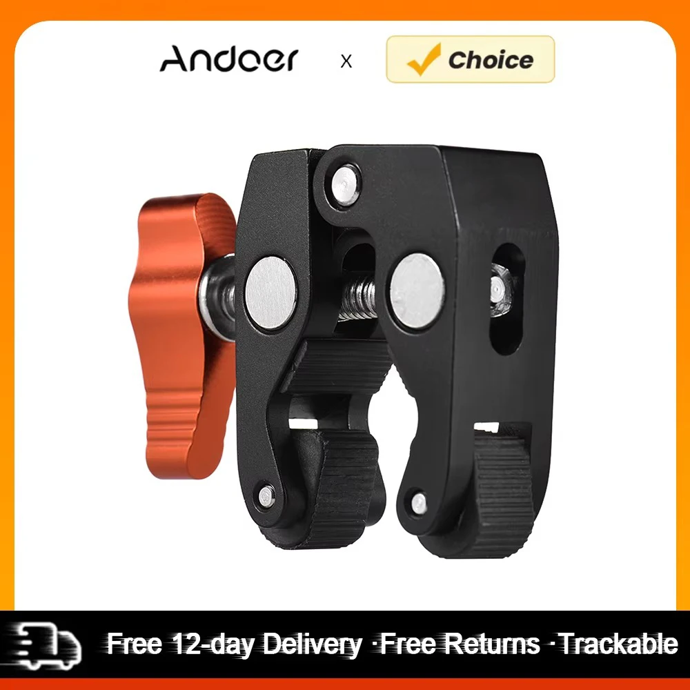 Andoer Crab Pliers Clip Super Clamp with 1/4 inch & 3/8 Inch Screw Hole Metal Material Super Clamp with Non-slip Rubbers