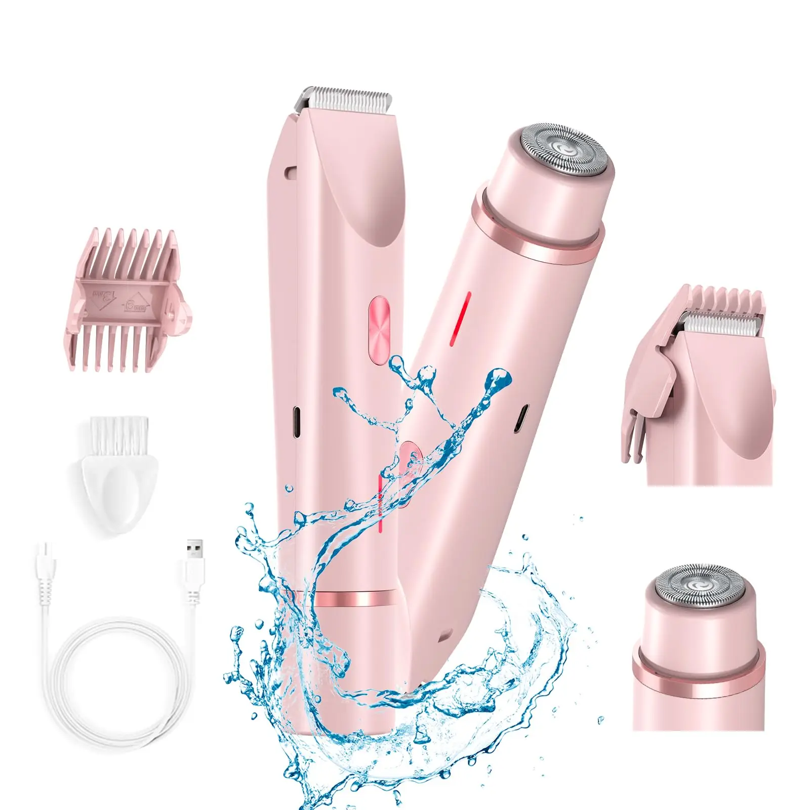 Women Electric Razors 2 in 1 Dual-Head Painless Bikini Trimmer Wet Dry Use for Ladies Pubic Hair Detachable Head Electric Shaver