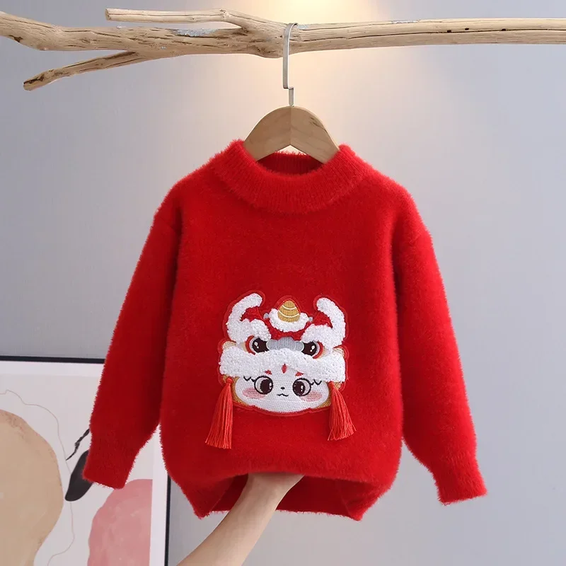 Wintering Knitted Clohthes for Children Cartoon Dragon Pattern Boys Pullover New Year Warm Red Baby Tassel Girl Sweaters GY12111