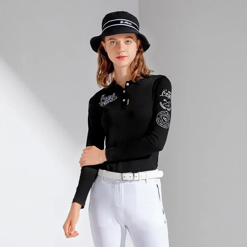 Love Golf Autumn Women Quick Dry Golf Polo Shirts Female Elastic Slim Sports Blouse Girls Letter Printed Full Sleeve Shirts