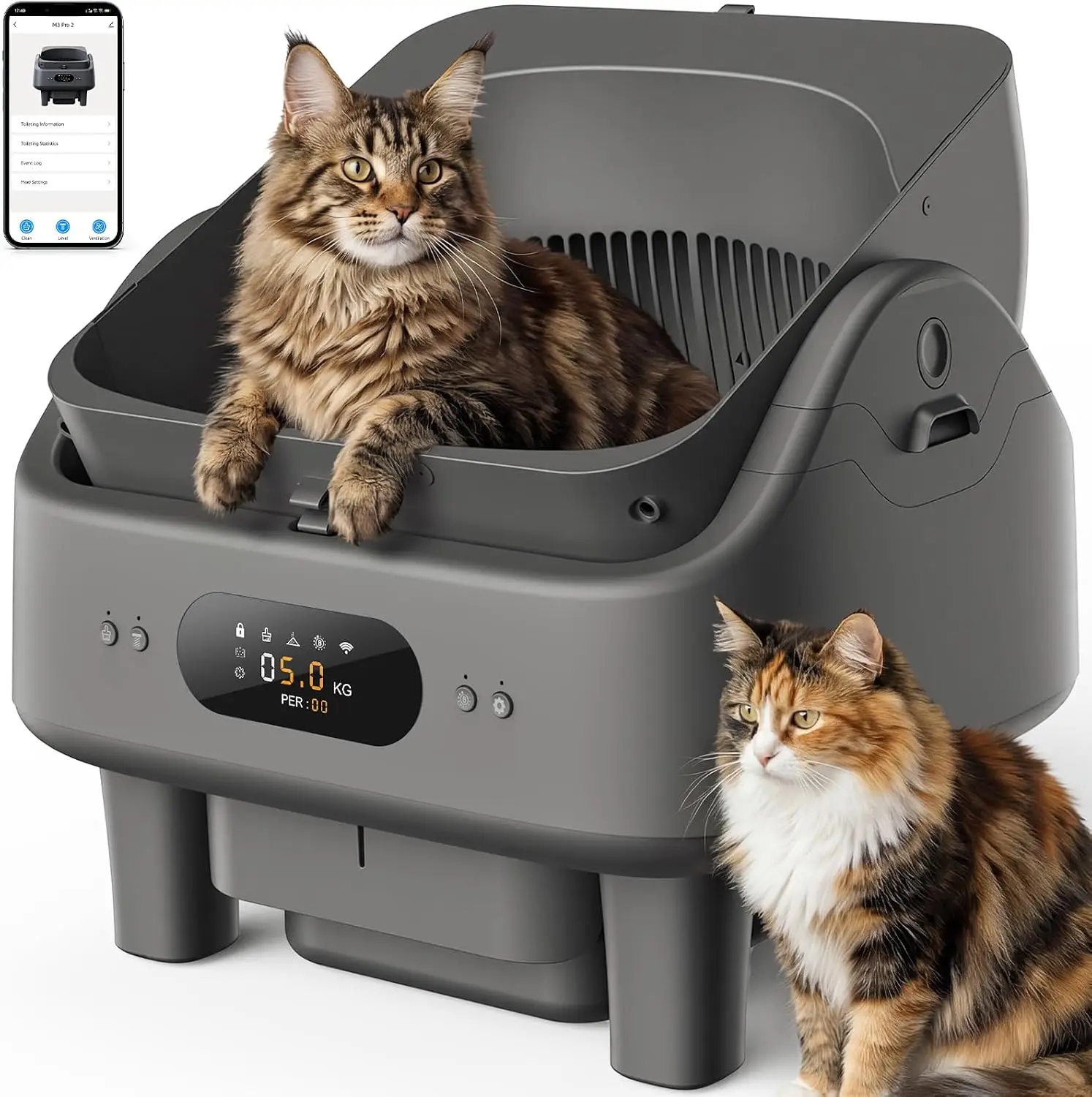 Open Top Self Cleaning Litter Box, Automatic Cat Litter Box for Multiple Large Cats with APP Control, 10 Safety Sensors, 6
