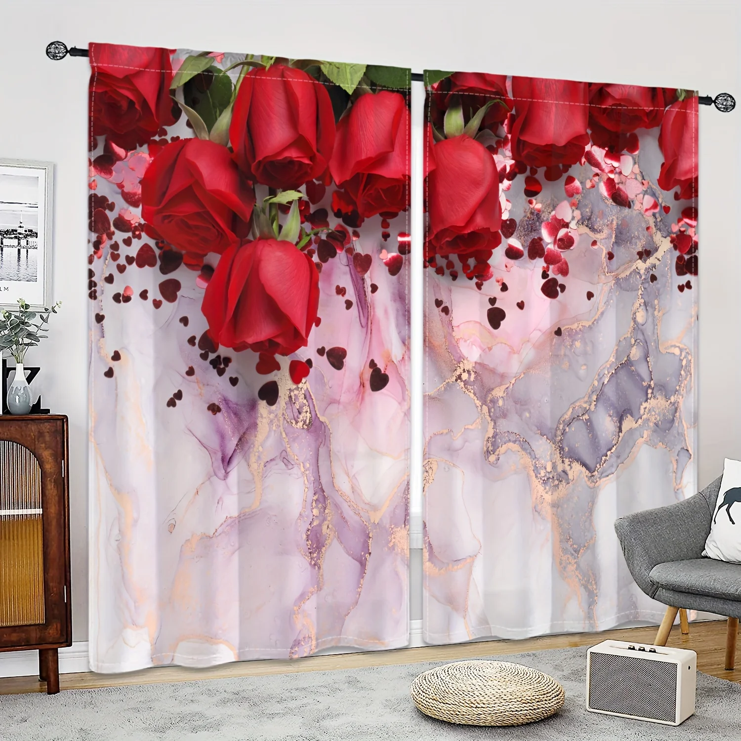 2panels Blooming Roses Printed Curtain, For Bedroom Office Kitchen Living Room Study Home Decor