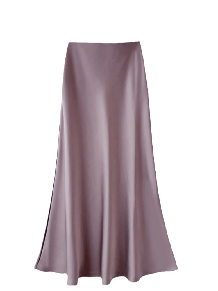 

New Women's Summer Fashion Skirt Black A-line Silk Satin Skirts Beautiful Elegant Midi High-waisted Long Skirts Womens Clothing