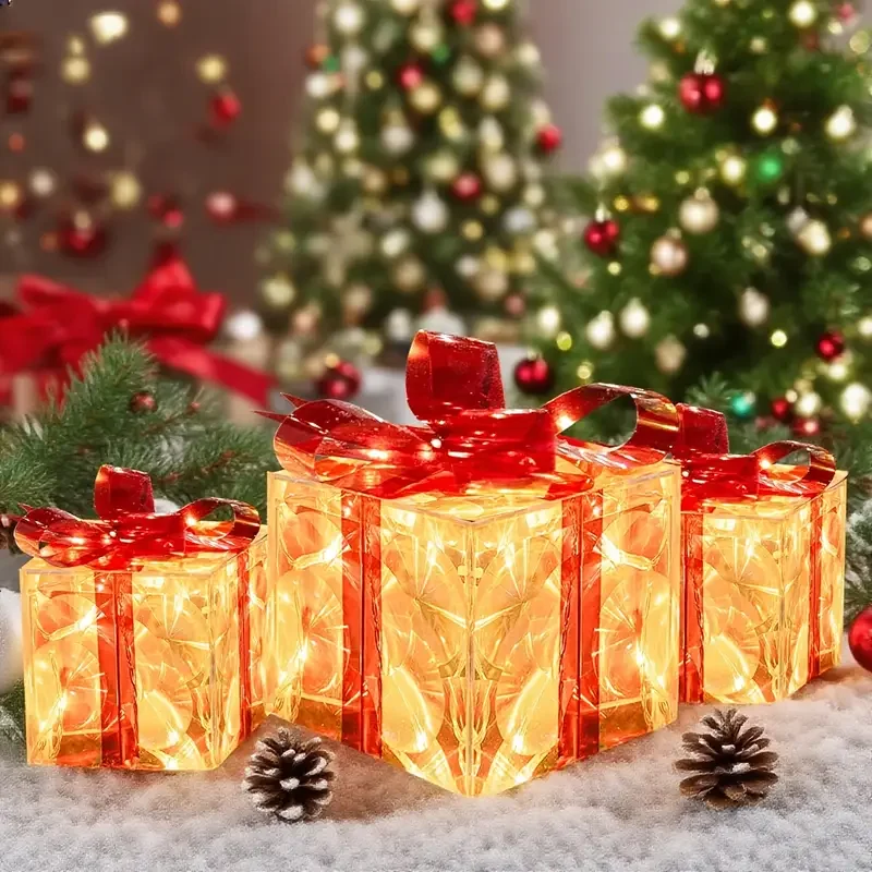 

Подарочная коробка с рождественским освещением, 3 шт., украшение для рождественской коробки с теплым белым освещением, елка с красным бантом