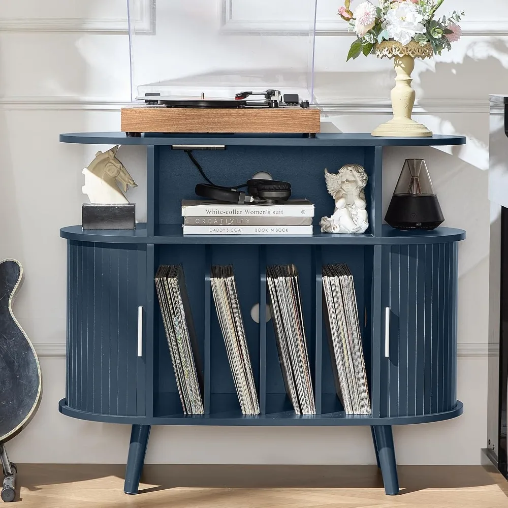 حامل مشغل تسجيل دائري كبير من LELELINKY مع قاعدة شحن ولوحة مخددة، خزانة قرص دوار حديثة باللون الأزرق الداكن في منتصف القرن wi #1